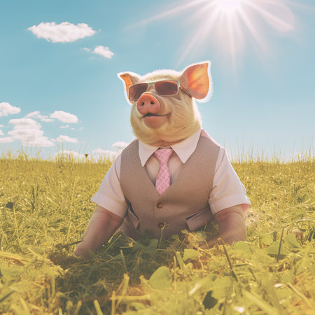 Funny pig in a shirt, tie and sunglasses on a green meadowの素材