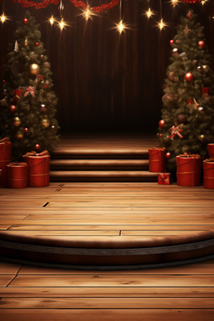 Wooden stage with Christmas tree and presents, 3d renderの素材