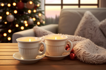 Two cups of coffee with candles on wooden table in room decorated for Christmasの素材