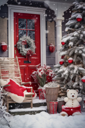 Santa Claus sitting on a rocking chair in front of a house decorated for Christmasの素材