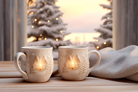Two cups of tea with candles on the background of the winter landscapeの素材