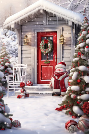 Wooden door with Christmas tree and snowman in front of itの素材