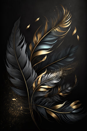 Black and gold feathers on a black background. 3d illustrations.の素材