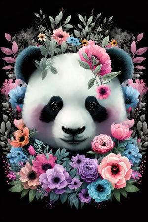 Cute panda with flowers on black background. Digital painting.の素材