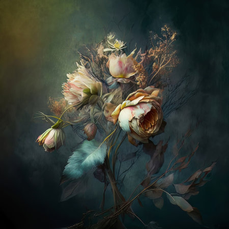 Beautiful bouquet of flowers on a dark background. Digital painting.の素材