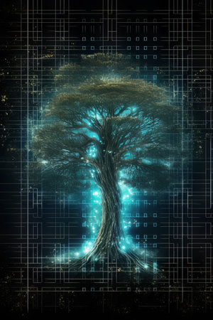 Digital illustration of a tree against a dark background with a binary codeの素材