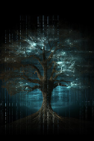 Futuristic tree with binary code on dark background. 3D renderingの素材
