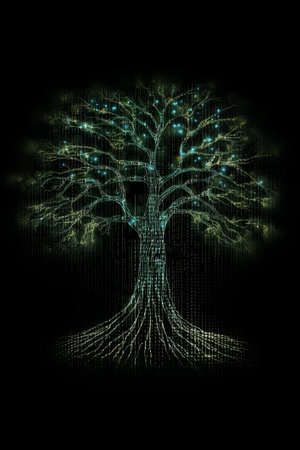Fractal 3D illustration of tree made of binary code.の素材