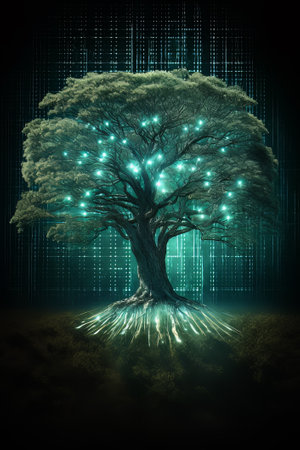Magic tree with glowing lights on a dark background. 3D renderingの素材