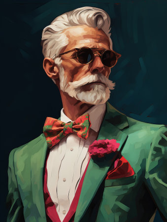 Portrait of a man with a white beard and mustache in a green suit and bow tieの素材