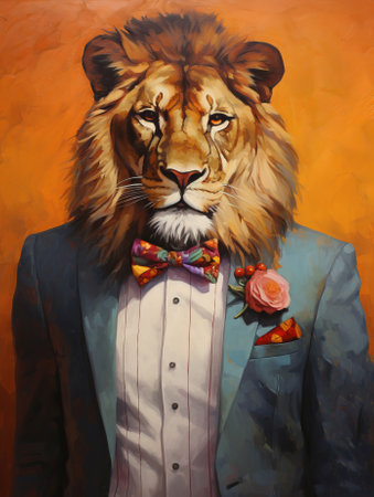 Lion in a suit and bow tie. Oil painting on canvasの素材