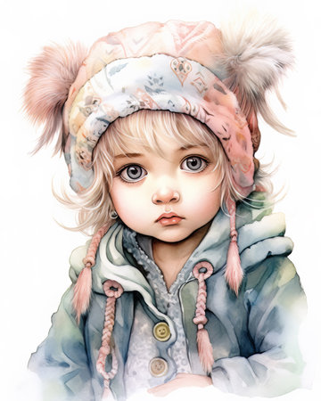 Portrait of a cute little girl in winter clothes. Hand drawn illustration.の素材