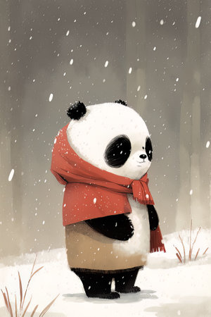 Illustration of a cute panda in a red scarf and scarfの素材