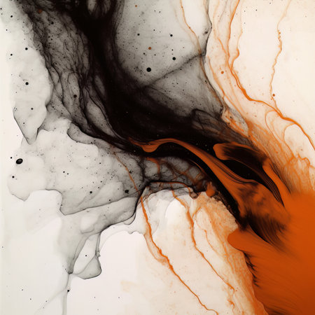 Abstract background of black and orange marble ink in water. Fluid art.の素材