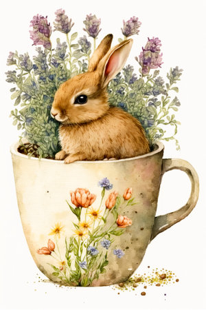 Vintage engraving of a rabbit in a cup with flowersの素材