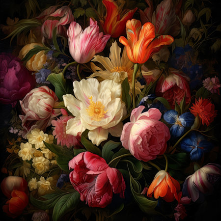 Beautiful floral bouquet of tulips and peonies on a black backgroundの素材