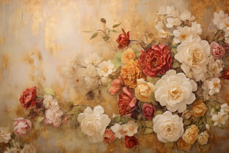 Vintage background with floral ornament. Roses and peonies on grunge backgroundの素材