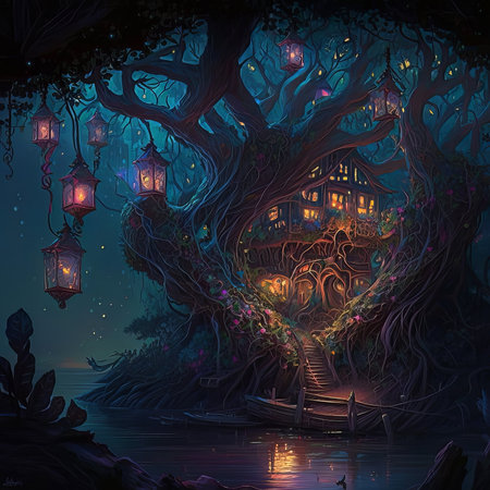 Halloween night scene with haunted house and old tree, 3d illustrationの素材