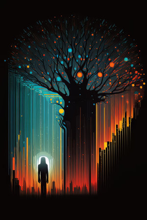 Abstract tree with human silhouette on dark background, vector illustration eps10の素材