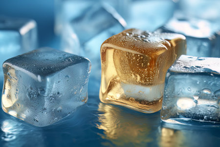 Ice cubes with water drops on blue background, closeup. Space for textの素材