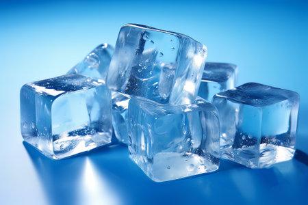 Ice cubes on blue background, closeup. Ice cubes on blue backgroundの素材