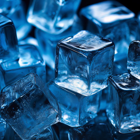 Ice cubes on blue background. Close up. Shallow depth of field.の素材