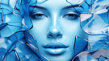 3d rendering of a female face in a blue glass shards.の素材