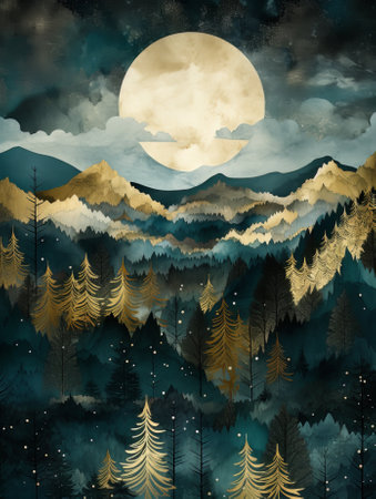 Fairytale landscape with mountains, forest and full moon. Digital painting.の素材