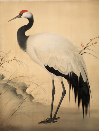 Japanese crane Grus japonensis in Japanese traditional paintingの素材