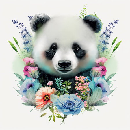 Greeting card with cute panda in floral wreath.の素材