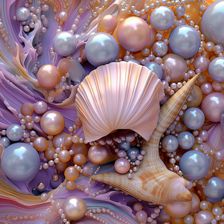 Seashells and pearls on colorful background. 3D renderingの素材