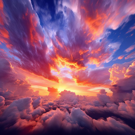 Beautiful sunset above the clouds. 3d render of nature backgroundの素材