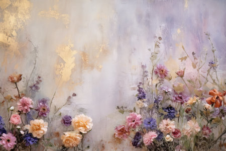 Vintage background with colorful flowers. Watercolor painting on canvas.の素材