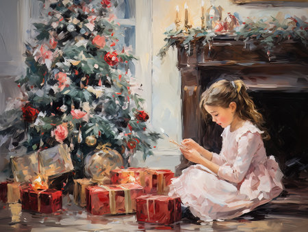 Girl sitting near Christmas tree and reading book. Oil painting on canvas.の素材