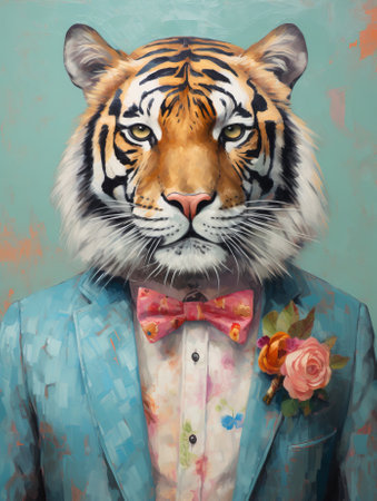 Portrait of a tiger in a blue shirt and bow tie with rosesの素材