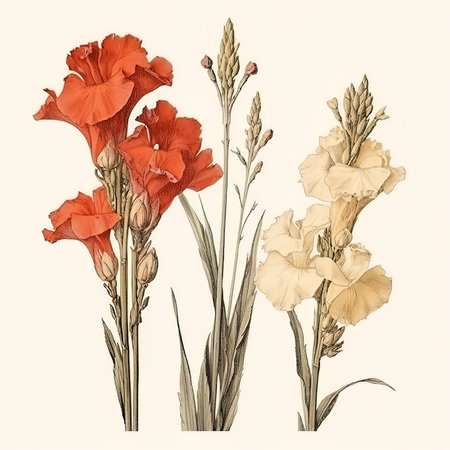 Illustration of gladiolus flowers on a white background. Drawing by hand.の素材