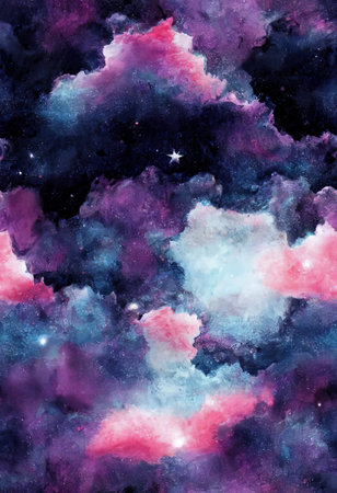 Watercolor galaxy background with stars and nebula. Hand drawn illustrationの素材