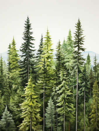 Pine trees in the mountains. Digital painting on canvas. Illustration.の素材