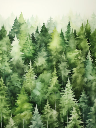 Watercolor forest landscape. Watercolor illustration of spruce, pine and fir trees.の素材