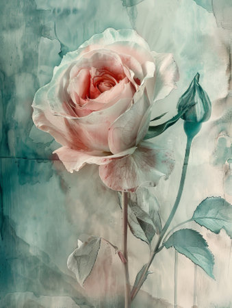 Watercolor painting of a pink rose on grunge paper background.の素材