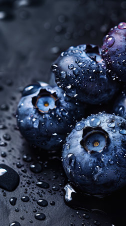 Fresh blueberries with water drops on black background. Close-up.の素材