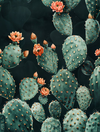 Cactuses with orange flowers on dark background. Toned.の素材