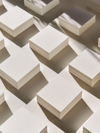 Close up of a stack of white business cards on a light backgroundの素材