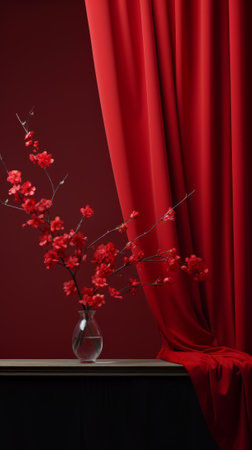 Red curtain and cherry blossom in vase. 3d renderingの素材