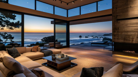 Luxury living room with view on the sea. 3d renderingの素材