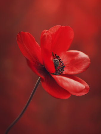 Red poppy flowers on a red background. Shallow depth of fieldの素材