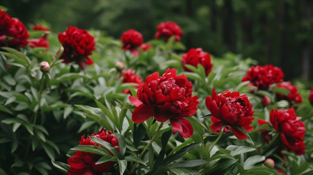 Beautiful red peony flowers in the garden. Blooming peonies in the summer garden.の素材