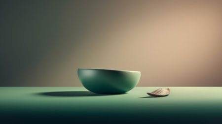 Green bowl and spoon on green background. 3d render illustration.の素材