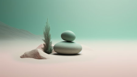 Zen stones and grass on the beach. 3d render illustration.の素材