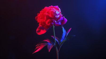 Peony flowers on a dark background in neon light. Close-up.の素材
